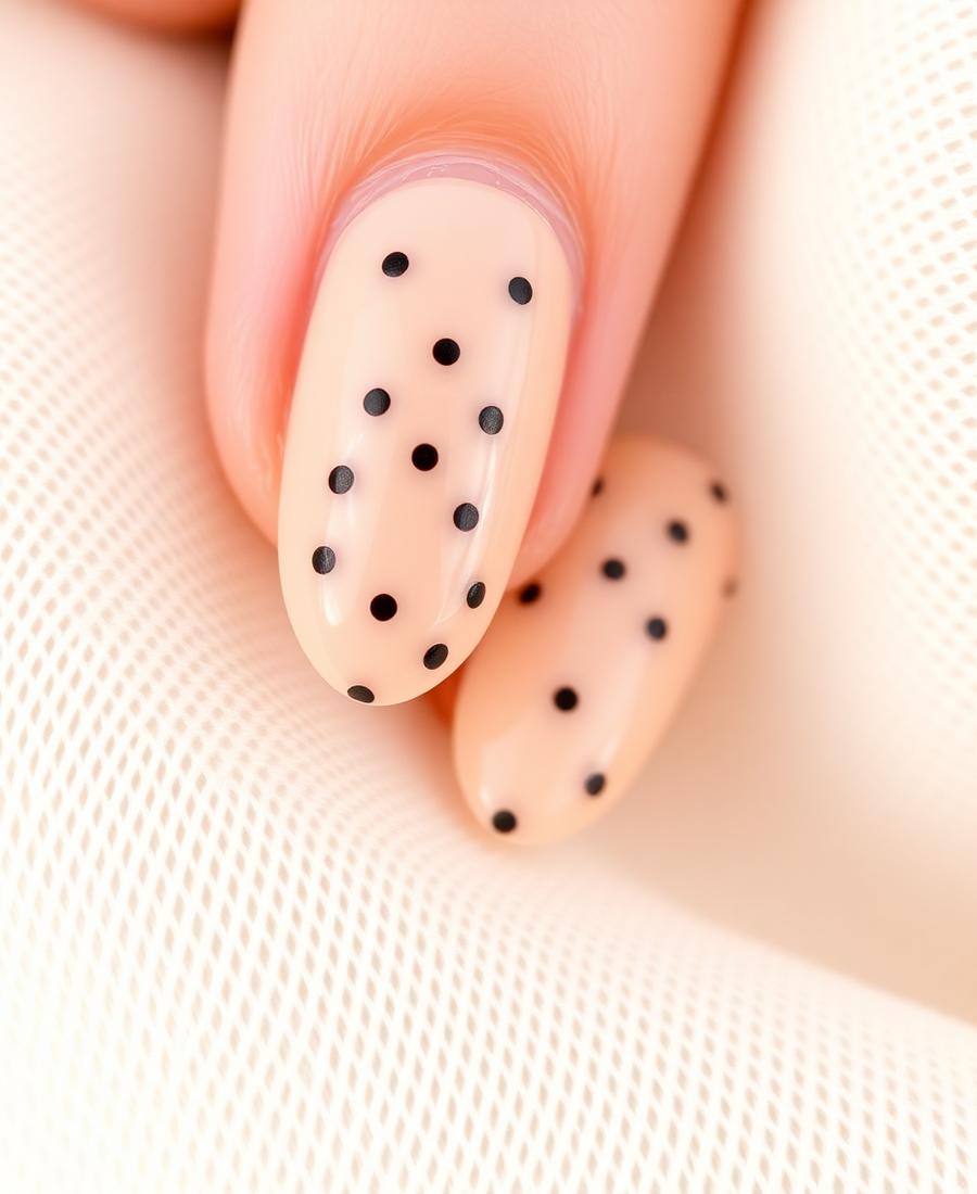 Nude nails with black polka dots
