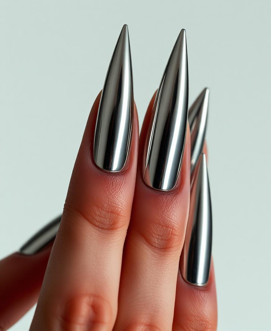Chrome silver stiletto nails